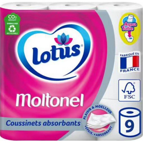 Lotus Moltonel Papier toilette Triple Epaisseur Aqua Tube x9 rouleaux blancs (lot de 2 soit 18 rouleaux)