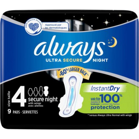 Always Serviettes hygiéniques Ultra nuit secure night x9 paquet 9 serviettes