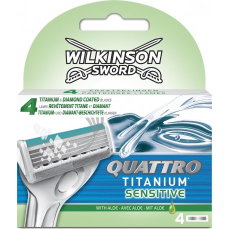 Wilkinson Sword Quattro Titanium Sensitive avec Aloé Vera Lames de Rasoir pour Homme 4 Recharges