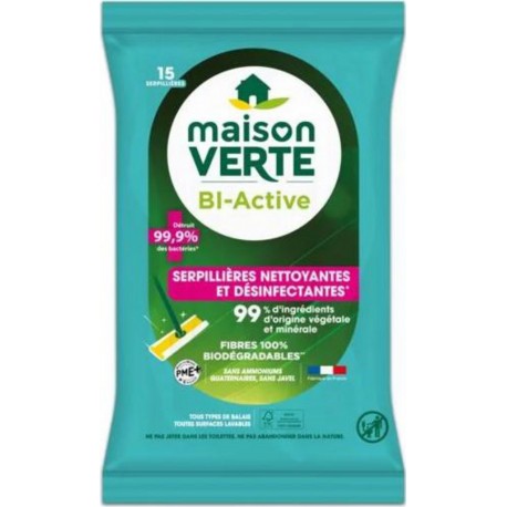 MAISON VERTE Lingettes serpillière nettoyante & désinfectant BI-active x15