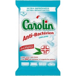 Carolin Anti-Bactérien Sans Javel x15 Lingettes Ultra-Imprégnées à l’Huile Essentielle d’Eucalyptus