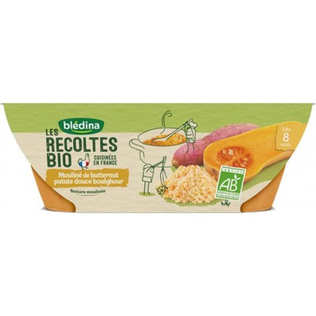 Blédina Les Récoltes Bio Mouliné de Butternut Patate Douce Boulghour (dès 8 mois) par 2 bols de 200g (lot de 4)