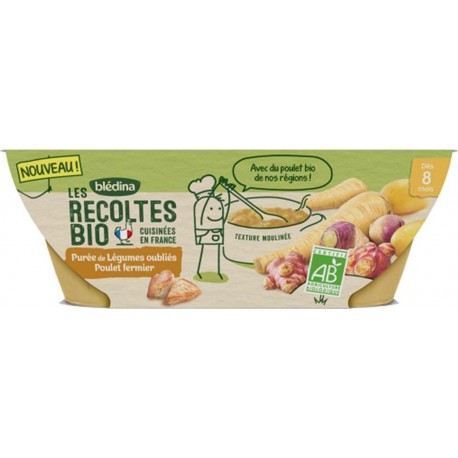 Blédina Les Récoltes Bio Purée de Légumes Oubliés Poulet Fermier (dès 8 mois) par 2 bols de 200g (lot de 4)