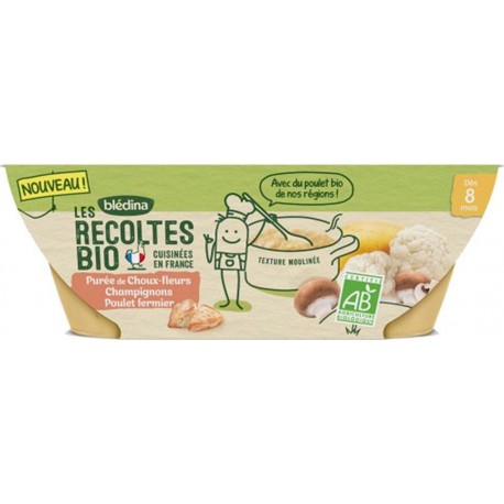 Blédina Les Récoltes Bio Purée de Choux-Fleurs Champignons Poulet Fermier (dès 8 mois) par 2 bols de 200g (lot de 4)