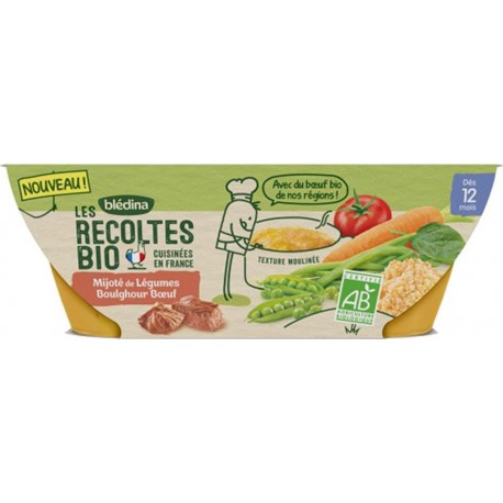 Blédina Les Récoltes Bio Mijoté de Légumes Boulghour Boeuf (dès 12 mois) par 2 bols de 200g (lot de 4)