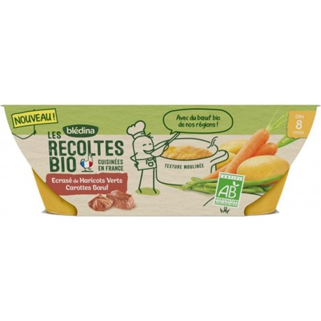 Blédina Les Récoltes Bio Écrasé de Haricots Verts Carottes Boeuf (dès 8 mois) par 2 bols de 200g (lot de 4)