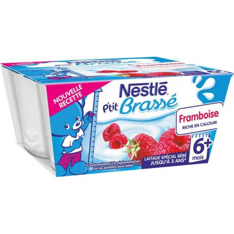 Nestlé P’tit Brassé Framboise Riche en Calcium (+6 mois) par 4 pots de 100g (lot de 8 soit 32 pots)