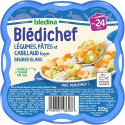 Blédina Blédichef Légumes Pâtes et Cabillaud Façon Beurre Blanc dès 24 mois l’assiette de 250g (lot de 8)