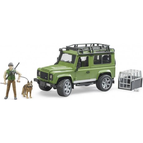 BRUDER LAND ROVER DEFENDER STATION WAGON + FIGURINE FORESTIER + CHIEN