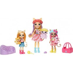 MATTEL ENCHANTIMALS-COFFRET LA FAMILLE DE CARMEL CHAT AVEC 3 POUPEES, 3 FIGURINES DE CHATS ET ACCESSOIRES, PLUS DE 10 ÉLÉMENTS