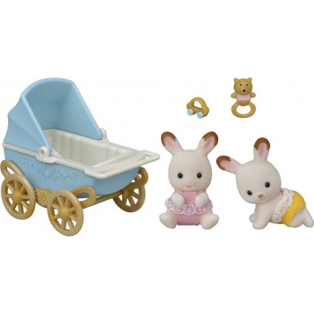 SYLVANIAN LES JUMEAUX LAPIN CHOCOLAT ET POUSSETTE DOUBLE TOUT POUR BEBES