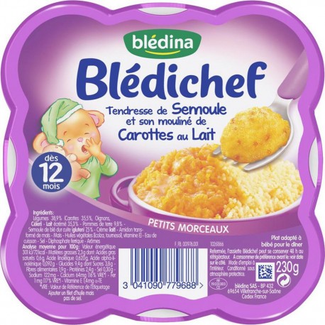 Blédina Blédichef Tendresse de Semoule et son Mouliné de Carottes au Lait (dès 12 mois) l’assiette de 230g (lot de 8)