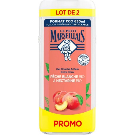 Le Petit Marseillais Gel douche Pêche Blanche BIO & Nectarine BIO 650ml (lot de 2)