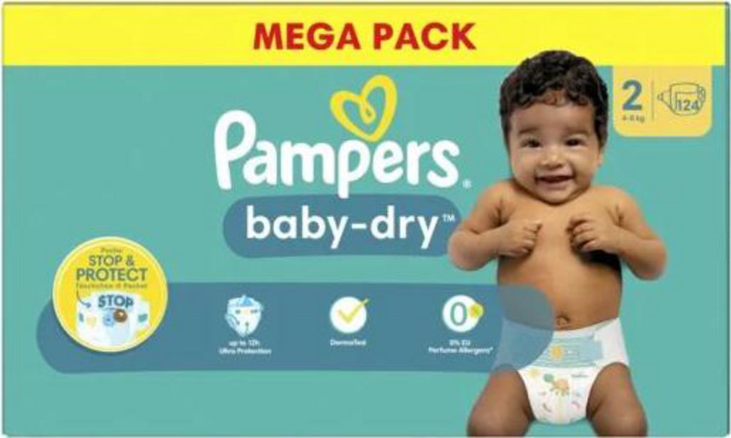 Pack 124 Couches PAMPERS BABY-DRY Taille 2 (4 à 8 KG) Bébé