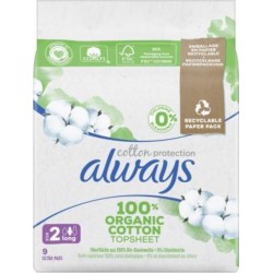 ALWAYS COTTON PROTECTION SERVIETTES SANITAIRES SAC PAPIER RECYCLABLE 9CT 1CT AVEC AILETTE ULTRA MINCE LONG SERVIETTE HYGIENIQUE