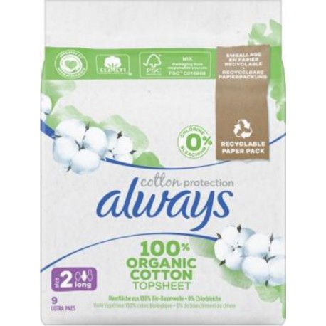 ALWAYS COTTON PROTECTION SERVIETTES SANITAIRES SAC PAPIER RECYCLABLE 9CT 1CT AVEC AILETTE ULTRA MINCE LONG SERVIETTE HYGIENIQUE