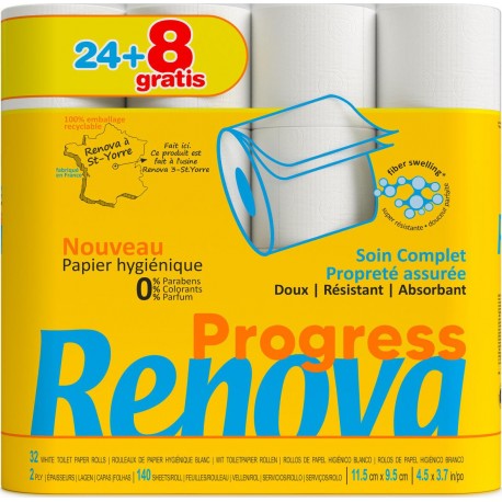 RENOVA PROGRESS 24+8BG PAPIER TOILETTE ROULEAUX SOUS FILM PLASTIQUE NON PARFUME 32RLX