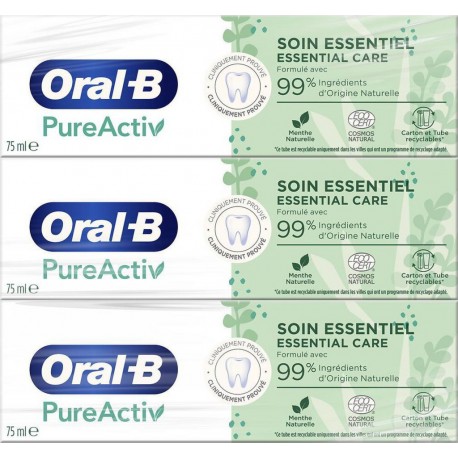 Oral-B Dentifrice Pure activ soin essentiel 3 x 75ml lots 3 tubes 225ml - 675ml