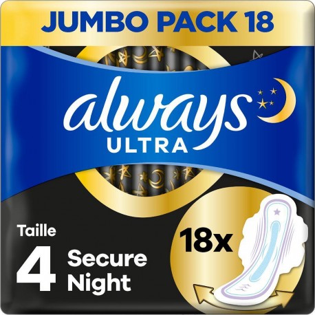 ALWAYS Serviettes hygiéniques ailettes taille 4 Secure Night x18