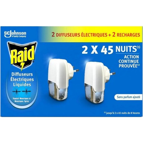 Raid Diffuseur électrique liquide 45 nuits moustiques diffuseur x2 recharge 27ml 2x45nuits