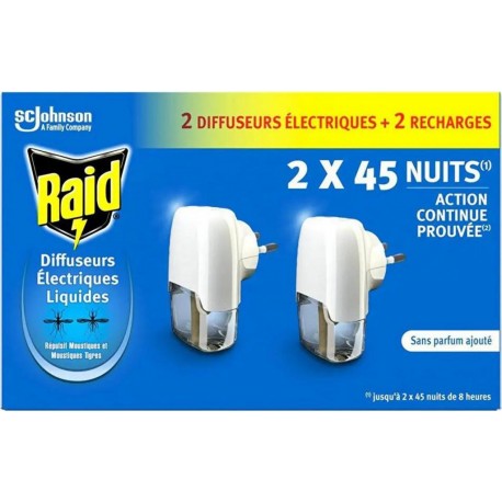 Raid Diffuseur électrique liquide 45 nuits moustiques diffuseur x2 recharge 27ml