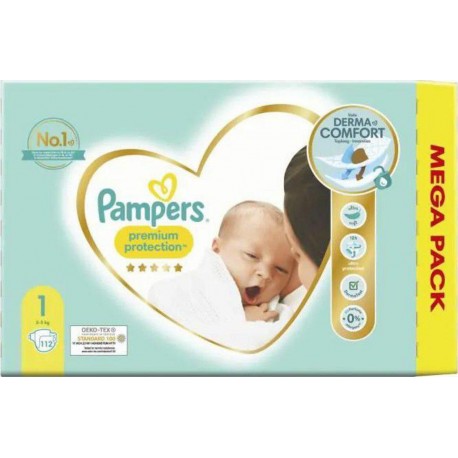 Pampers Couches bébé Taille 1 (2-5Kg) Premium Protection x112