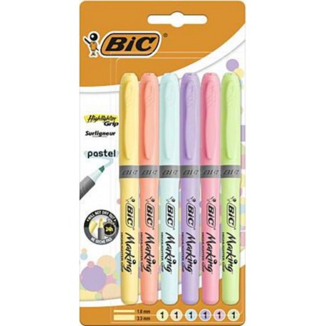 BIC HIGHLIGHTER GRIP SURLIGNEUR INDELEBILE MULTICOULEURS JETABLE x6