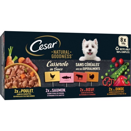 CESAR Pâtée Pour Chien Casserole En Sauce Au Poulet, Saumon, Bœuf Et Dinde 8 barquettes