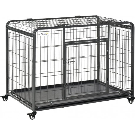 NC Cage Chiens Pliable Sur Roulettes 2 Portes Verrouillables Métal Gris Noir