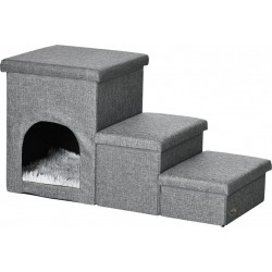 Escalier Pour Chat Chien Niche Coffre 3 En 1 Coussin Inclus Tissu Gris