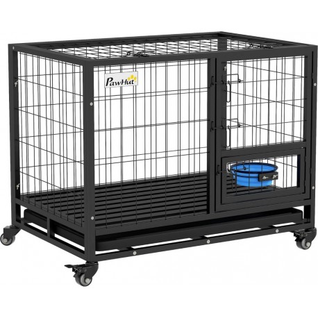 NC Cage Pour Chien Sur Roulettes 2 Portes Verrouillables Acier Noir