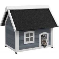 NC Niche Maison Pour Chat Porte À Lamelles, Fenêtre Plexiglas, Toit Bitumé Ouvrant, 3 Portes Bois Gris