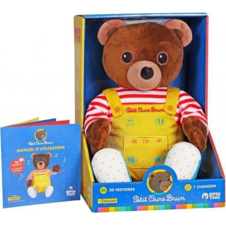 NC Peluche Musicale Parlante Toys Petit Ours Brun Conteur D'histoires 28 Cm – Marron Jaune Rouge