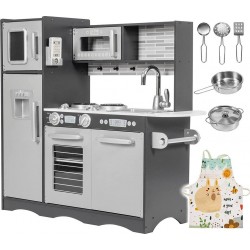 NC Mamabrum Cuisine Enfant En Bois Éclairage Led 93x30x83 Cm Ustensiles Tablier Frigo