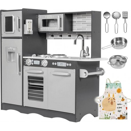 NC Mamabrum Cuisine Enfant En Bois Éclairage Led 93x30x83 Cm Ustensiles Tablier Frigo