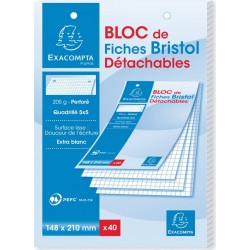 EXACOMPTA Fiche bristol 14,8cm x 21cm Perforée blanche Petits carreaux le bloc de 40 fiches