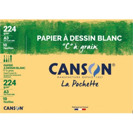 CANSON Papier à dessin C à grain 10f a3 224g la pochette