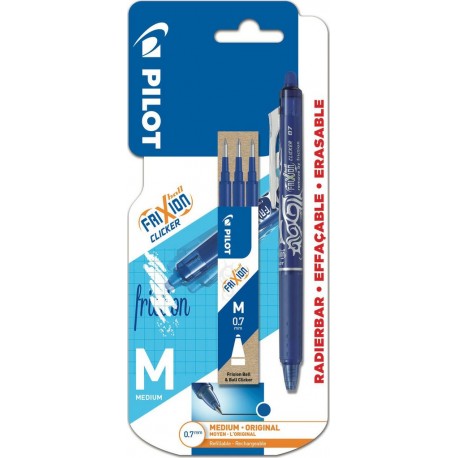 PILOT Stylo roller Frixion Clicker bleu + 3 recharges pointe moy le stylo + 3 recharges