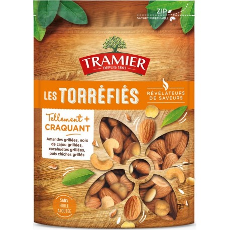 TRAMIER Fruits secs amandes grillées noix de cajou grillées cacahuètes grillées pois chiches grillés sans huile ajoutée 175g