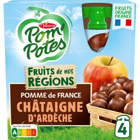 POM POTES Compotes Fruits de nos régions pomme châtaigne d'Ardèche sans sucres ajoutés POM'POTES les 4 gourdes de 90g