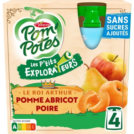 POM POTES Compotes Les P'tits Explorateurs Le Roi Arthur pomme abricot poire sans sucres ajoutés POM'POTES les 4 gourdes de 90g