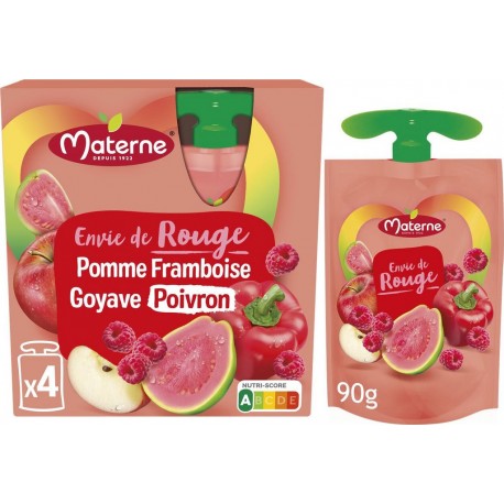 MATERNE Compotes Envie de rouge pomme framboise goyave poivron sans sucres ajoutés les 4 gourdes de 90g