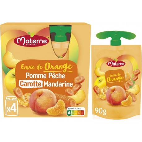 MATERNE Compotes Envie de orange pomme pêche carotte mandarine sans sucres ajoutés les 4 gourdes de 90g