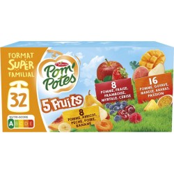 POM POTES Compotes 5 fruits pomme abricot pêche poire banane, fraise framboise myrtille cerise et goyave mangue ananas passion s