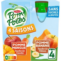 POM POTES Compotes 4 saisons pomme mangue, pomme banane sans sucres ajoutés POM'POTES les 4 gourdes de 90g