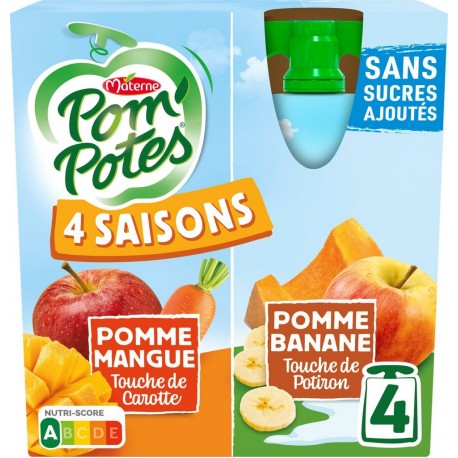 POM POTES Compotes 4 saisons pomme mangue, pomme banane sans sucres ajoutés POM'POTES les 4 gourdes de 90g