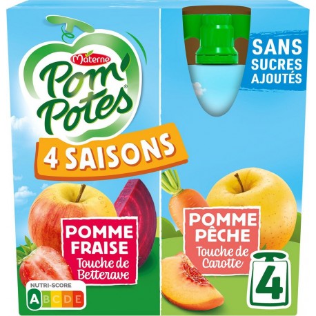 POM POTES Compotes 4 saisons pomme fraise, pomme pêche sans sucres ajoutés POM'POTES les 4 gourdes de 90g