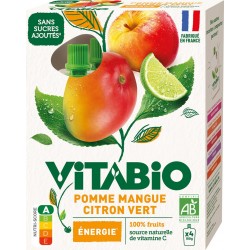 VITABIO Compote Pomme, Mangue et Citron Vert Energie Bio les 4 gourdes de 100g