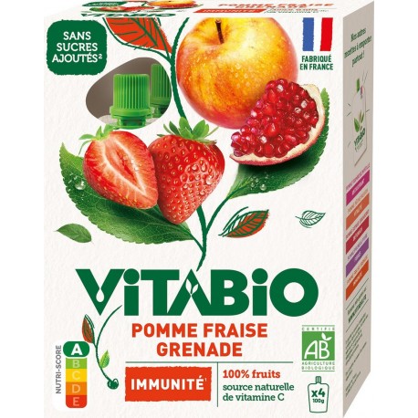 VITABIO Compote Pomme, Fraise et Grenade Immunité Bio les 4 gourdes de 100g