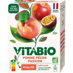 VITABIO Compote Pomme,Pêche et Passion Vitalité Bio les 4 gourdes de 100g